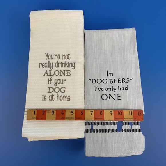 Pair Tea Towels In Dog Beers I've Only Had One & Drinking Alone Humor - Picture 2 of 10
